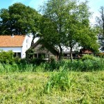 De achterkant van het huis met een terras met avondzon